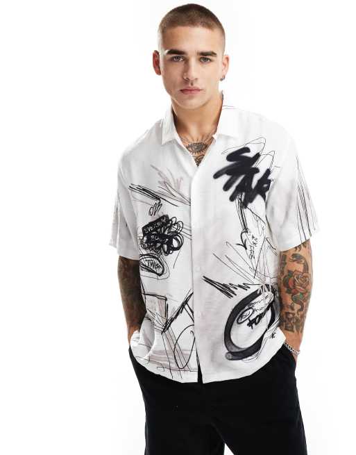 Bershka scrible printed shirt in white ASOS