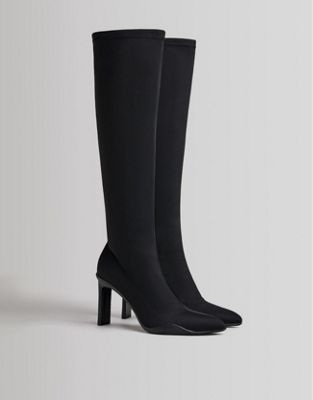 Bershka scuba knee high pointed heeled boot in black
