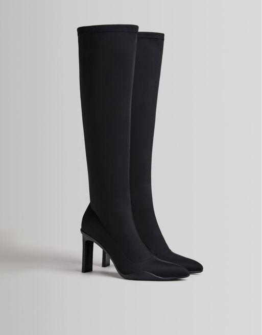 Bershka Scuba Knee High Pointed Heeled Boots In Black Asos