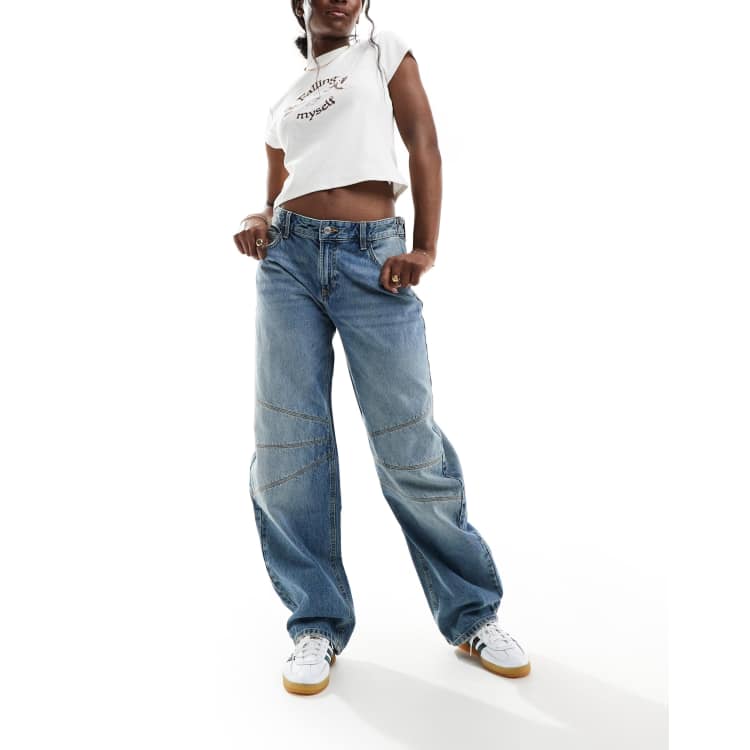 Bershka seam detail wide leg balloon jeans in dirty wash blue ASOS