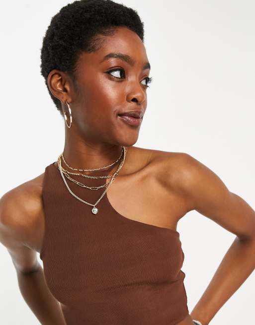 Bershka seamless 90s asymetric crop top in chocolate, 3 of 4