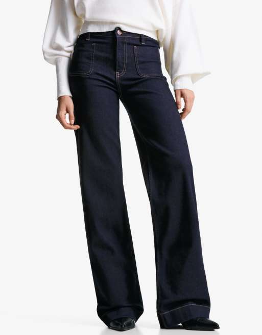 ☆ドイツ発*BERSHKA*新作*シームレスワイドレッグデニム/NAVY☆ Bershka Seamless wide-leg jeans with pockets in navy | ASOS