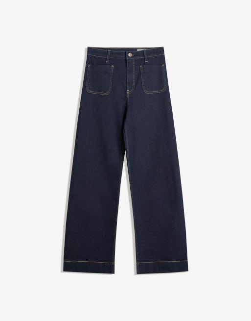 ☆ドイツ発*BERSHKA*新作*シームレスワイドレッグデニム/NAVY☆ Bershka Seamless wide-leg jeans with pockets in navy | ASOS