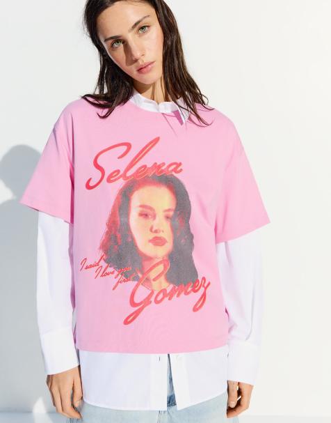 Bershka – Selena Gomez – Rosa t-shirt med korta ärmar och tryck - view 1