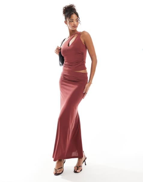 Bershka semi sheer one shoulder co-ord in terracotta - BROWN - view 1