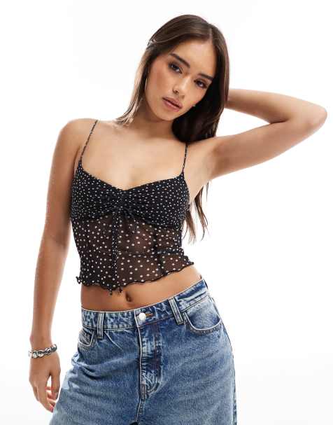 Bershka semi sheer polka dot cami in black