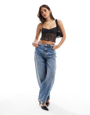 Bershka Semi Sheer Polka Dot Cami Top In Black