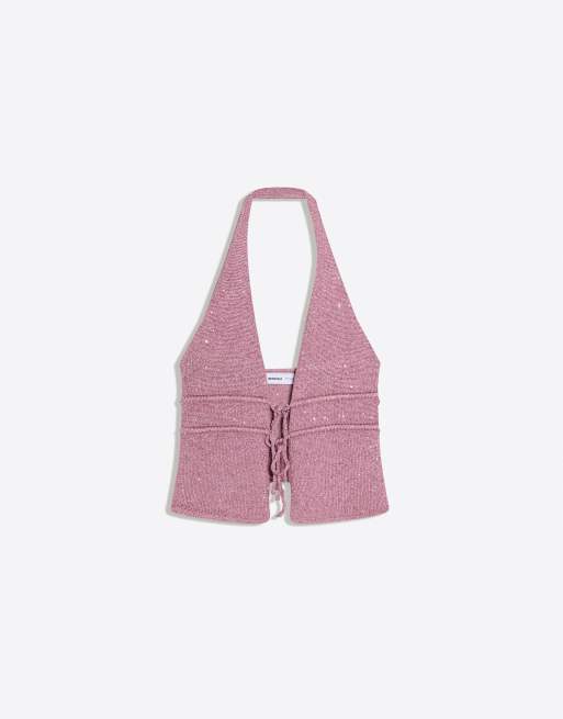 Bershka Sequin halter neck top in pink, 2 of 4
