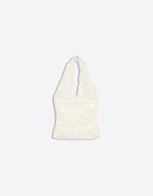 Bershka Sequin lace halter top in ecru, 5 of 5
