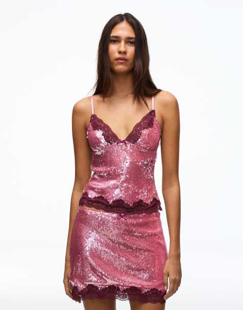 Bershka Sequin lace thin strap top in pink - view 1