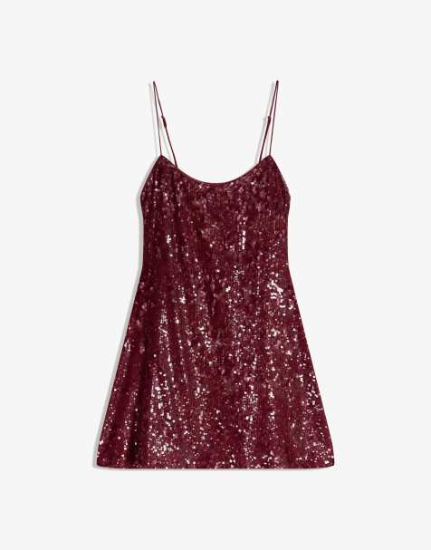 Bershka Sequinned strappy dress in burgundy - view 1