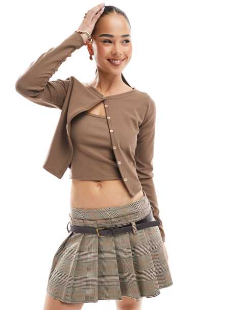 Bershka - Set met micro-vest en camitop in bruin - view 1