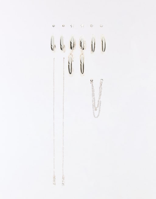 Bershka – Set mit unterschiedlichen Ohrringen in Silberoptik, 2 von 3