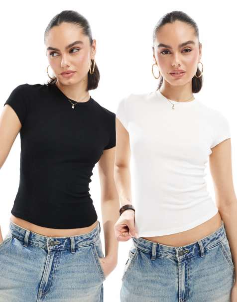 Bershka - Set van 2 geribbelde baby T-shirts met korte mouwen in zwart en wit - view 1