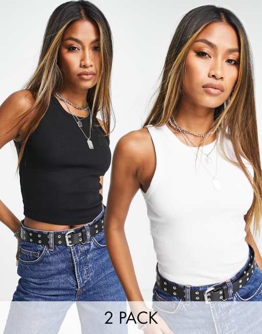 Bershka - Set van 2 geribbelde racerhemdjes in zwart en wit
