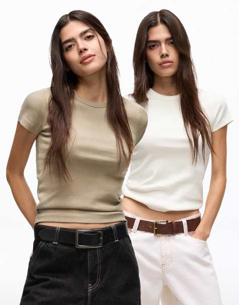 Bershka - Set van 2 geribbelde T-shirts met korte mouwen in wit en beige - view 1