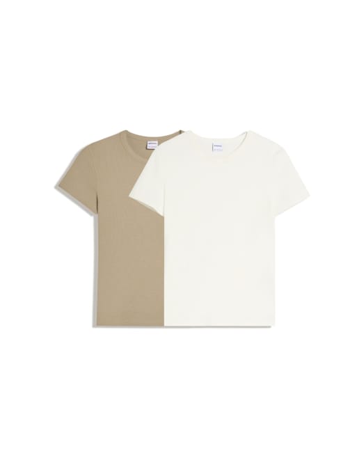 Bershka - Set van 2 geribbelde T-shirts met korte mouwen in wit en beige, 3 van 4