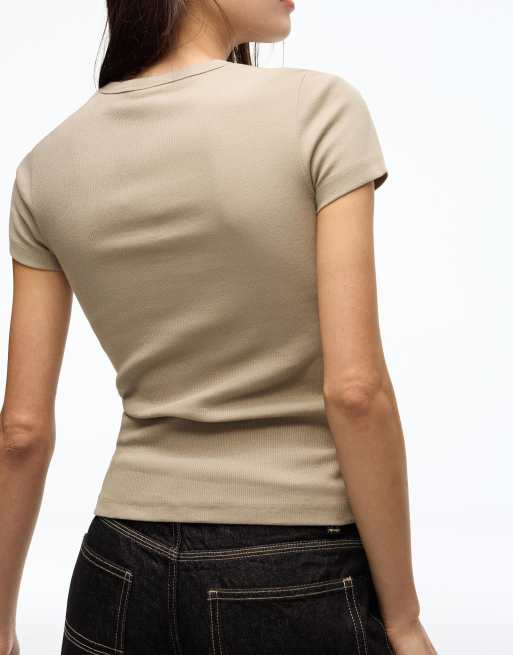 Bershka - Set van 2 geribbelde T-shirts met korte mouwen in wit en beige, 4 van 4