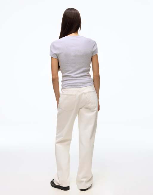 Bershka - Set van 2 geribbelde T-shirts met korte mouwen in wit en blauw, 4 van 4