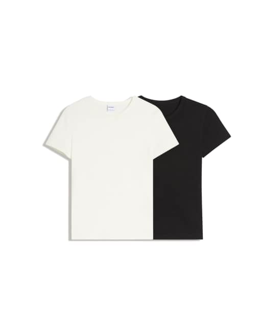 Bershka - Set van 2 geribbelde T-shirts met korte mouwen in wit en zwart, 2 van 4