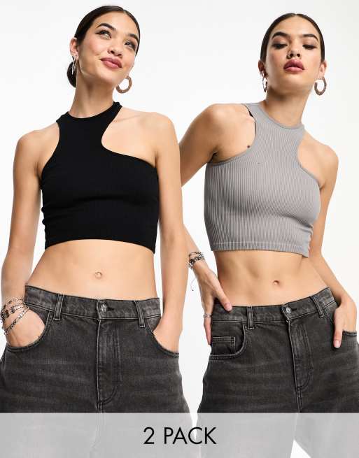 Bershka - Set van 2 geribbelde tops met asymmetrische racerhals in grijs en zwart