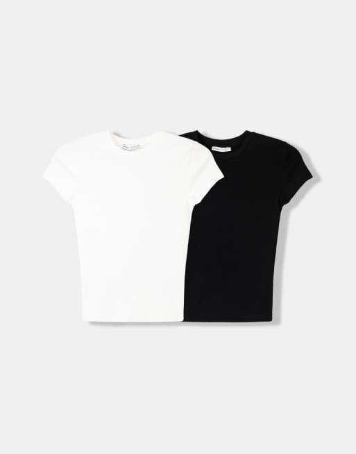 Bershka - Set van 2 T-shirts met ronde hals en korte mouwen in wit, 2 van 4