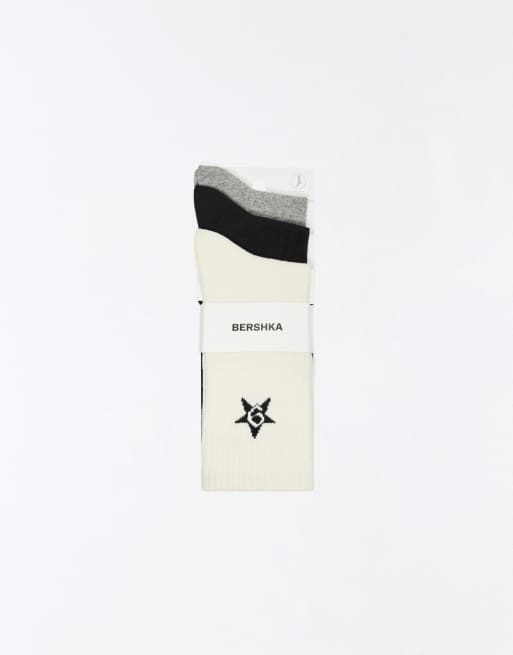 Bershka - Set van 3 driekleurige sokken met sterrenprint in lichtgrijs, 2 van 3