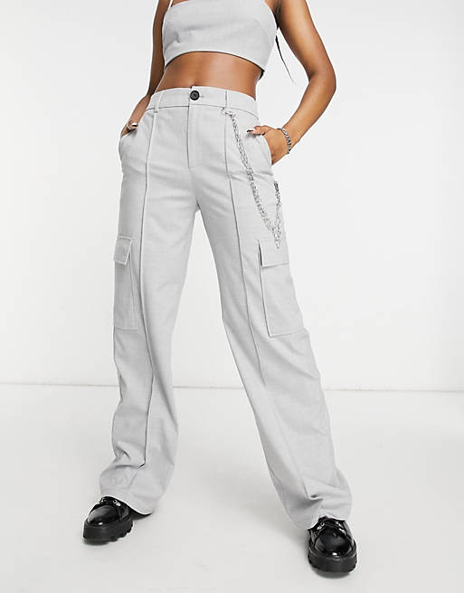 Bershka set with wide leg pants with pockets and chain in gray
