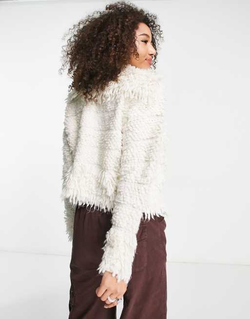 Bershka shaggy faux fur trim cardigan in cream