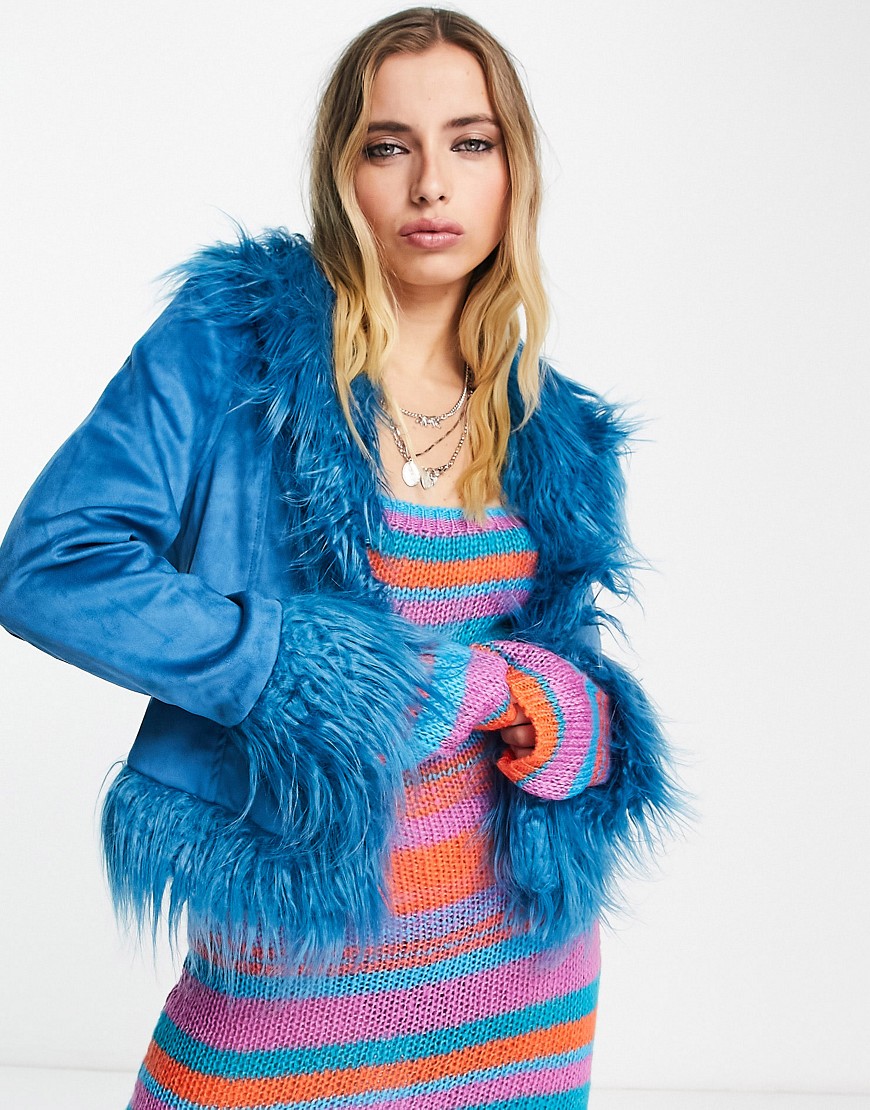 Bershka shaggy fur trim detail jacket in blue