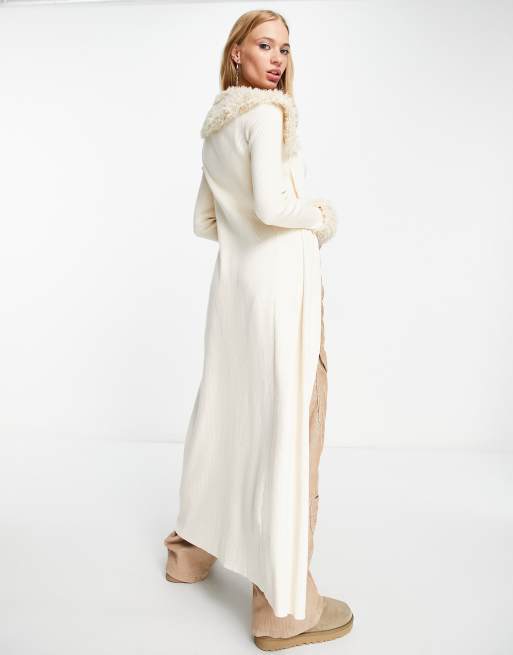 Bershka shaggy fur trim longline cardigan in ecru