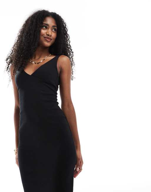 Bershka shaping plunge neck midaxi dress in black | ASOS