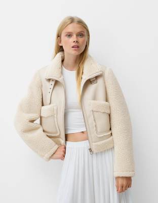 Bershka Shearling And Faux Leather Jacket In Cream-white