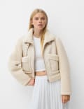 [Bershka] Bershka shearling and faux leather jacket in cream-White S CREAM