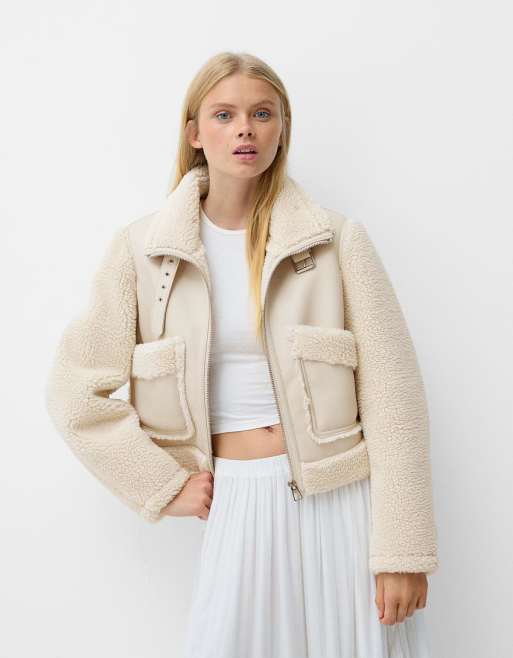 Bershka shearling and faux leather jacket in cream