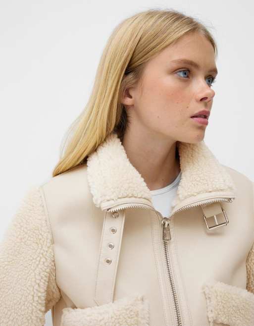 Bershka Shearling and Faux Leather Jacket in cream White