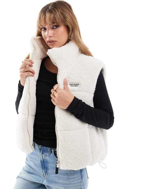 Bershka shearling and nylon reversible gilet in ecru - view 1