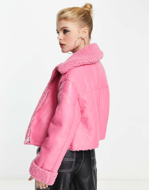 Bershka shearling cropped aviator jacket in bright pink ASOS