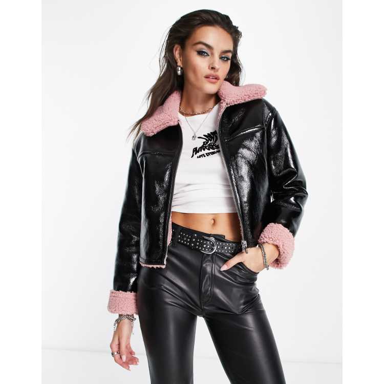 Black vinyl outlet crop jacket