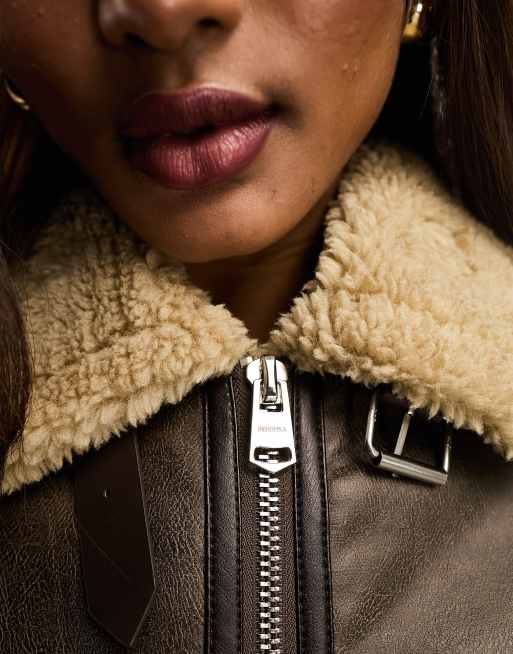 Bershka shearling jacket in brown | ASOS