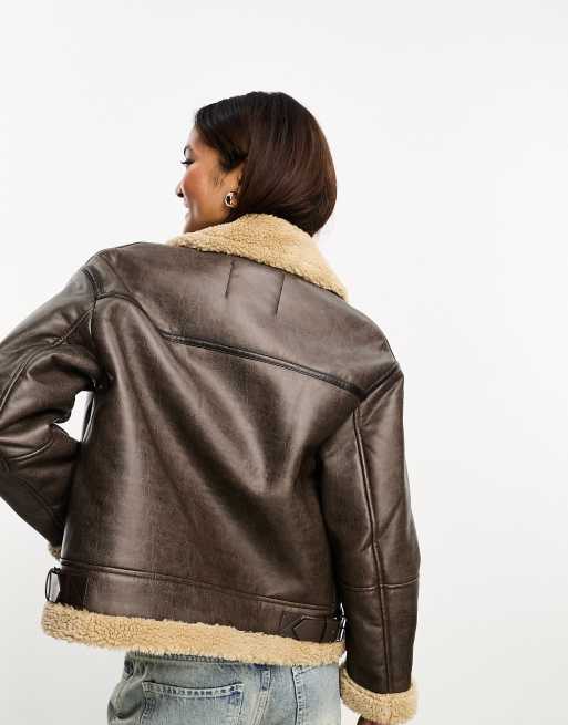 Bershka shearling jacket in brown | ASOS