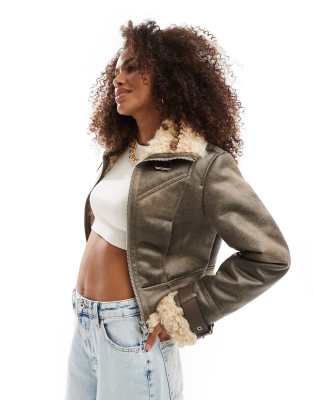 Bershka Bershka shearling jacket in brown