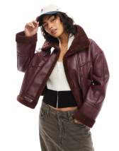 Bershka contrast shearling jacket in brown & ecru