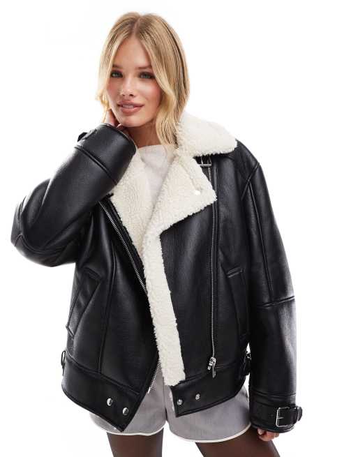 Bershka shearling trim aviator jacket in black cream