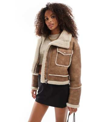 Bershka Shearling Trim Faux Suede Jacket In Dark Tan-brown