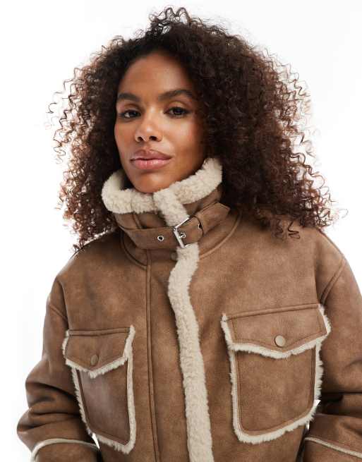 Bershka shearling trim faux suede jacket in dark tan