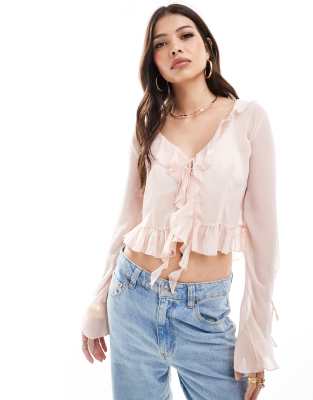 Bershka sheer frill detail top in pale pink