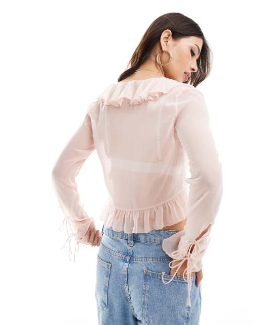 Bershka sheer frill detail top in pale pink