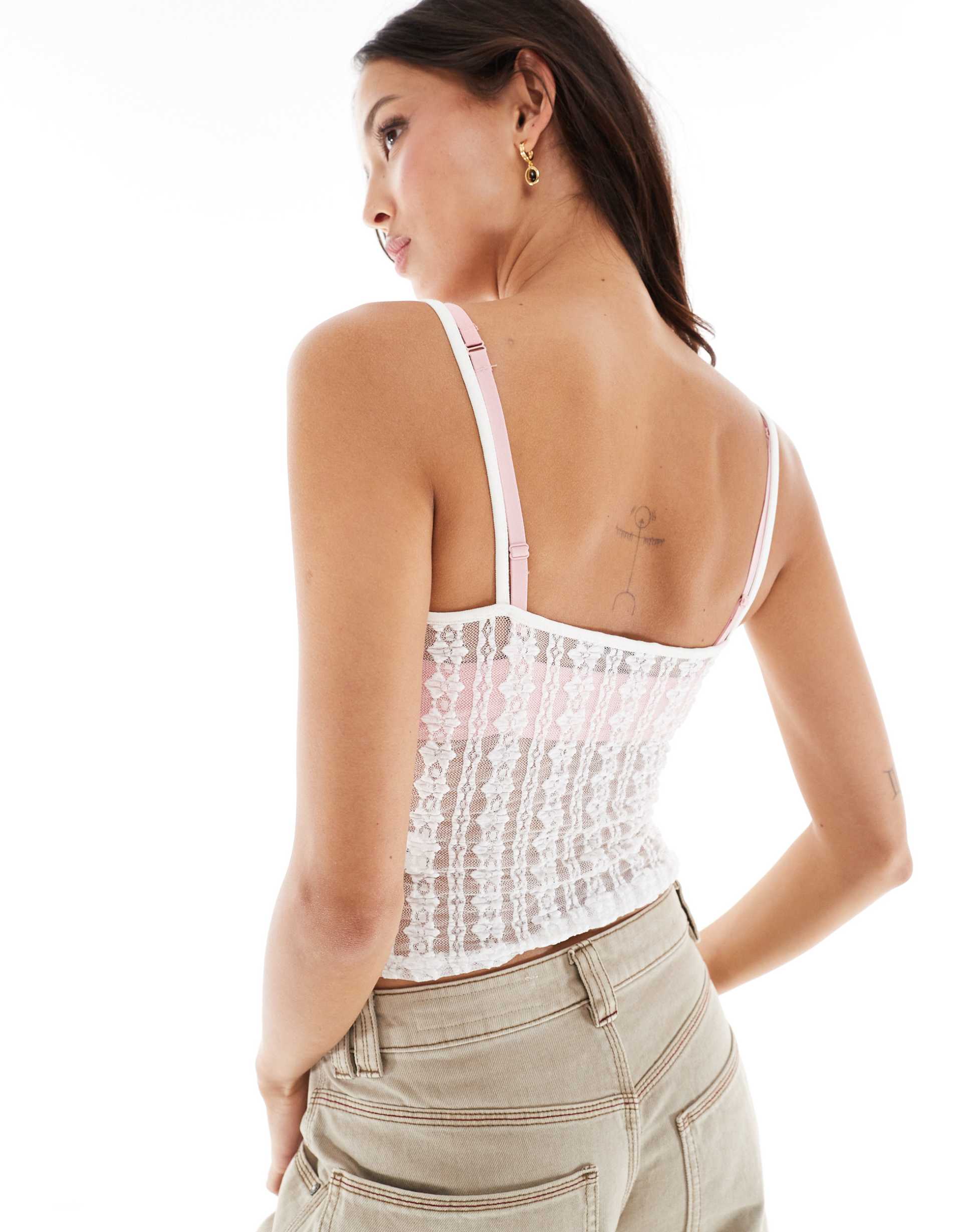bershka sheer lace cami top in ecru