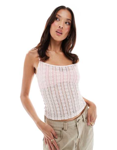 Bershka sheer lace cami top in pink - view 1